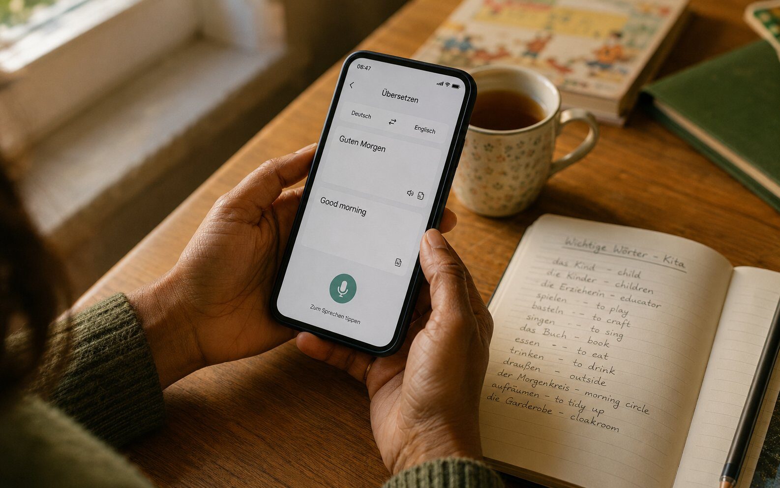 Hände einer Integrationsbegleiterin mit einer Übersetzungs-App neben einem Notizbuch mit deutschen Vokabeln